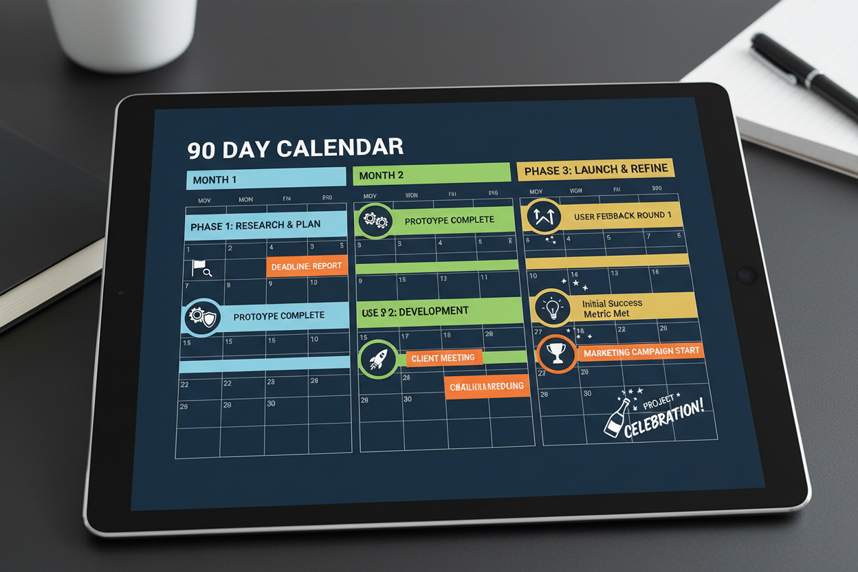 90-day calendar with milestone checkpoints